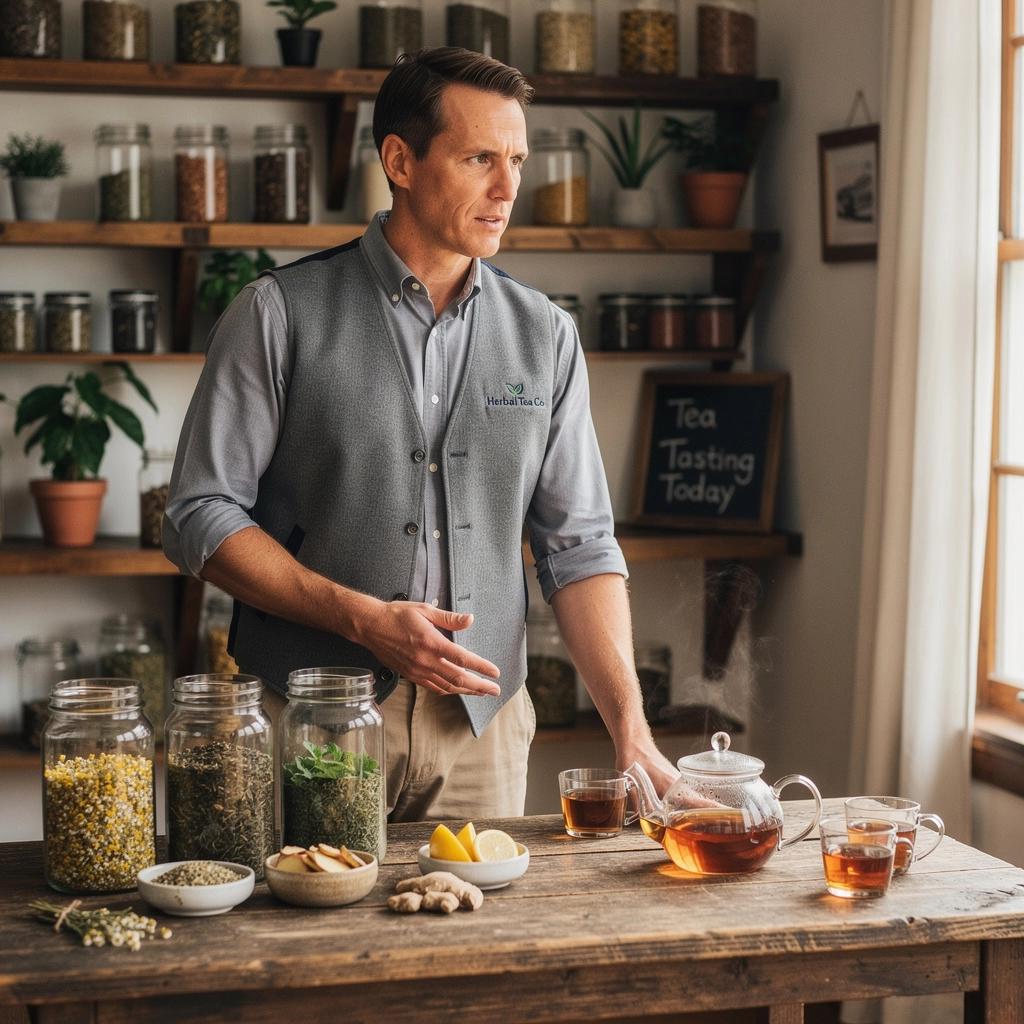 Uživajući u trenutku, osoba pije čaj u prirodi okružena cvijećem.
